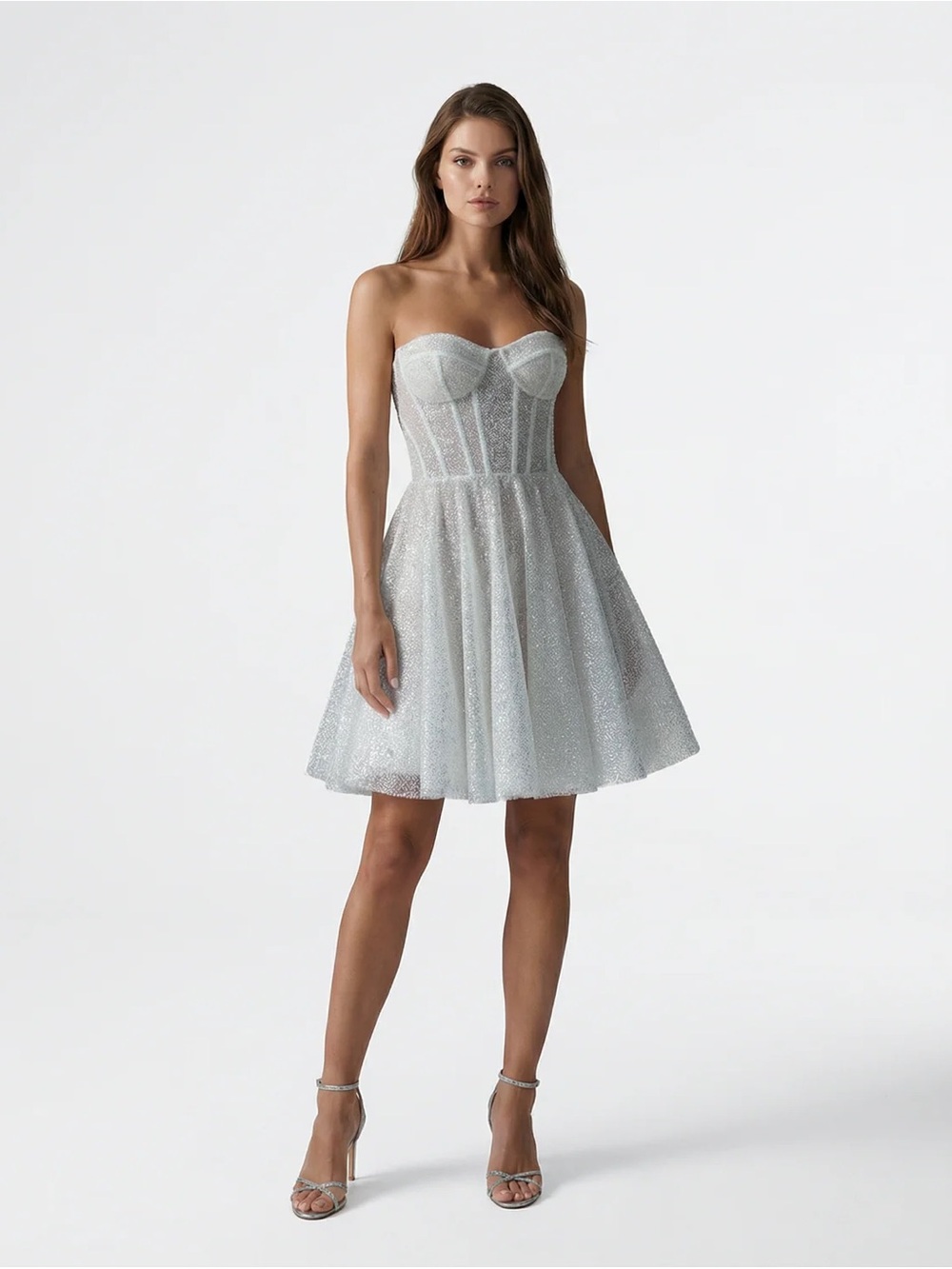 Galia Lahav Hope Sparkling Strapless Silver Cocktail Dress